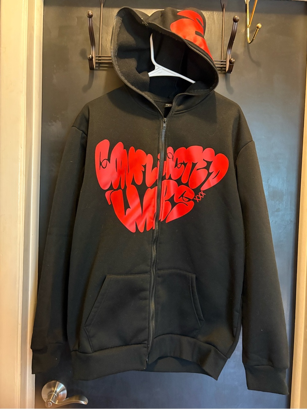 Manfinity Hoodie Mens Large Black Conflicted Lvrs Streetwear Hooded Full Zip Y2K